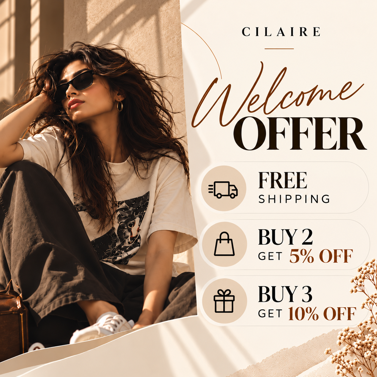 CILAIRE welcome offers: free shipping, 5% off two tees and 10% off three or more tees.